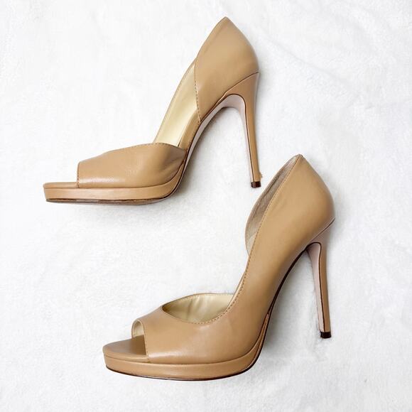 JESSICA SIMPSON Neutral Tan Leather Peep Toe Pumps High Heel Stiletto Shoes 9M - Picture 7 of 9